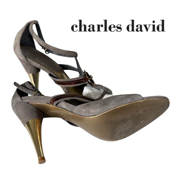 Charles David, Grey Suede with 70's Style w/ Hardware, & Gold Heel, Size 6 - Picture 7 of 7